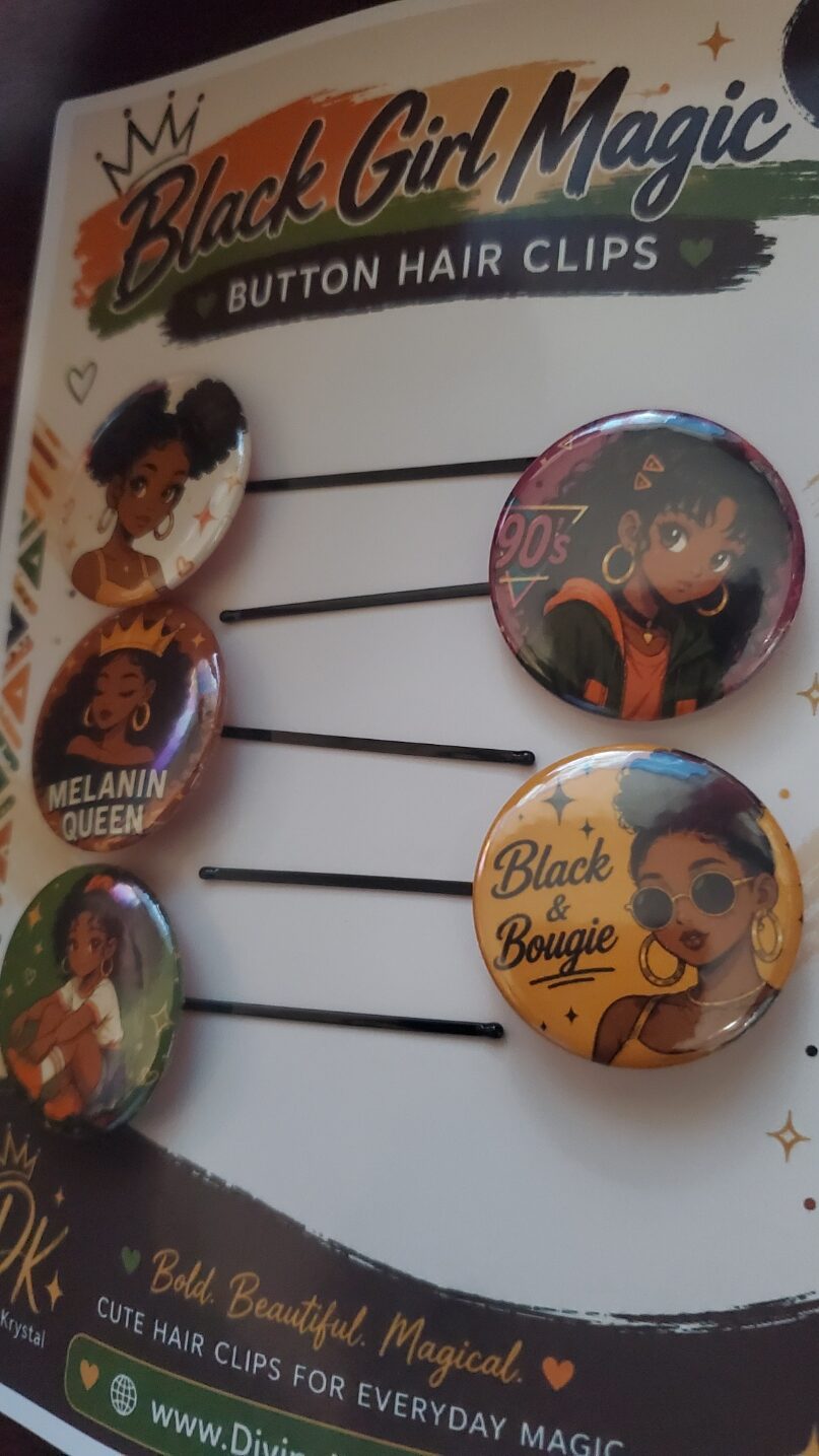Black Girl Magic Button Hair Clips Set | Afro Puff Bobby Pins | Cute Natural Hair Accessories | Melanin Gifts for Girls Women | 5 Pack - Image 2