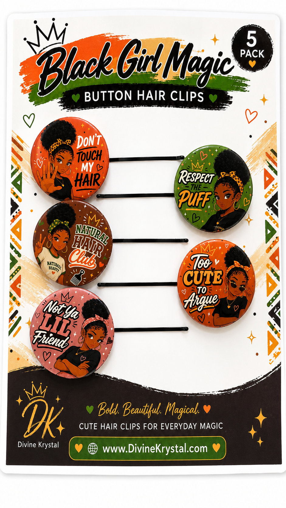 Don’t Touch My Hair Button Hair Clips | Natural Hair Accessories for Black Girls | Respect The Puff Bobby Pins | Sassy Afro Puff 5 Pack
