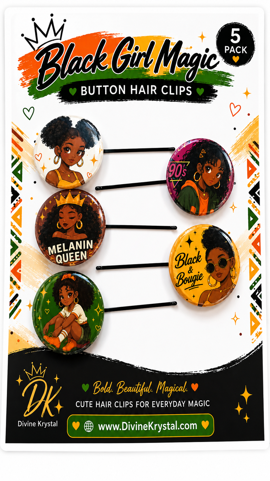 Black Girl Magic Button Hair Clips Set | Afro Puff Bobby Pins | Cute Natural Hair Accessories | Melanin Gifts for Girls Women | 5 Pack