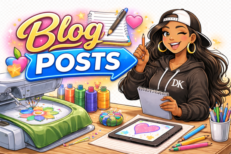 The image shows a graphic labeled “Blog Posts.” The design features an illustrated female character wearing a hoodie with the letters “DK” on the front and a baseball cap worn backward. She is holding a pencil in one hand and a notepad in the other. In the foreground, there is an embroidery machine stitching a colorful flower design. Several spools of thread in different colors are displayed nearby. A tablet showing a heart design and various writing tools are placed on a desk. Decorative elements such as hearts, stars, and a notebook appear around the text. The image appears to represent blog content related to creative or craft-related topics.