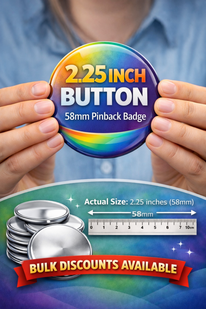 The image shows a person holding a round button badge between both hands. The button displays the text “2.25 INCH BUTTON” and “58mm Pinback Badge” over a multicolored gradient background. Below the main image, a graphic section shows stacked silver button components. A ruler graphic indicates a measurement of 58mm and includes the text “Actual Size: 2.25 inches (58mm).” A red banner at the bottom reads “BULK DISCOUNTS AVAILABLE.”