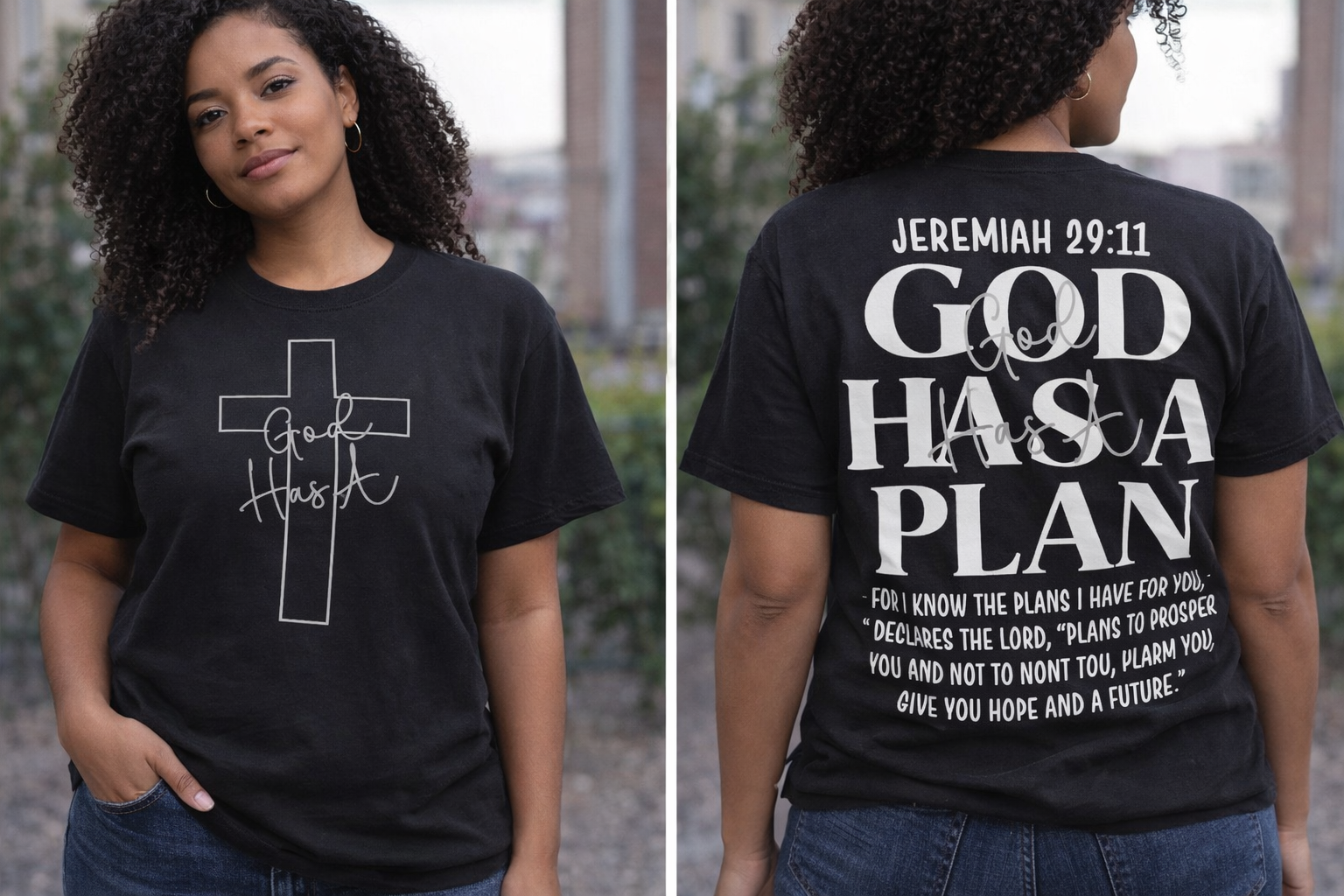 God Has A Plan Christian T-Shirt – Front & Back Scripture Design (Jeremiah 29:11)