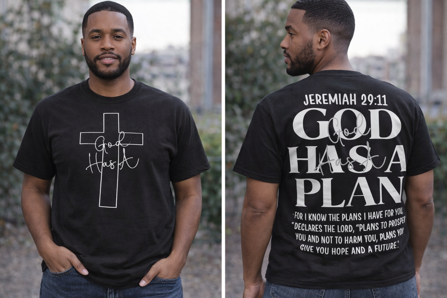 God Has A Plan Christian T-Shirt – Front & Back Scripture Design (Jeremiah 29:11) - Image 2