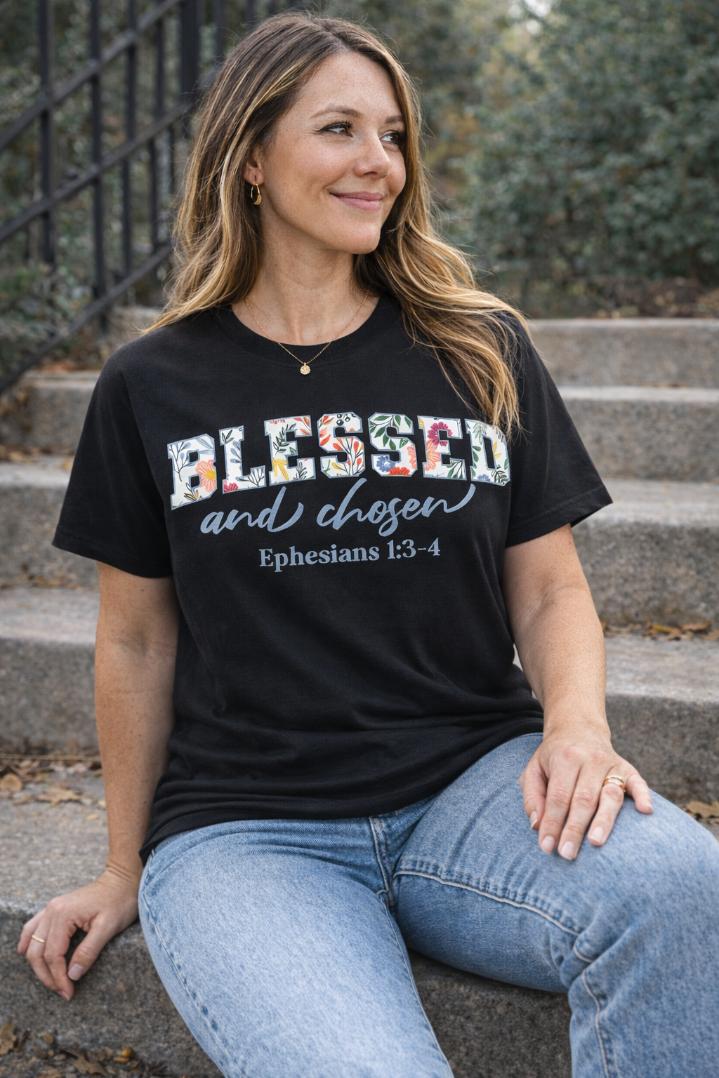 Blessed and Chosen Christian T-Shirt – Ephesians 1:3-4 Faith Floral Graphic Tee
