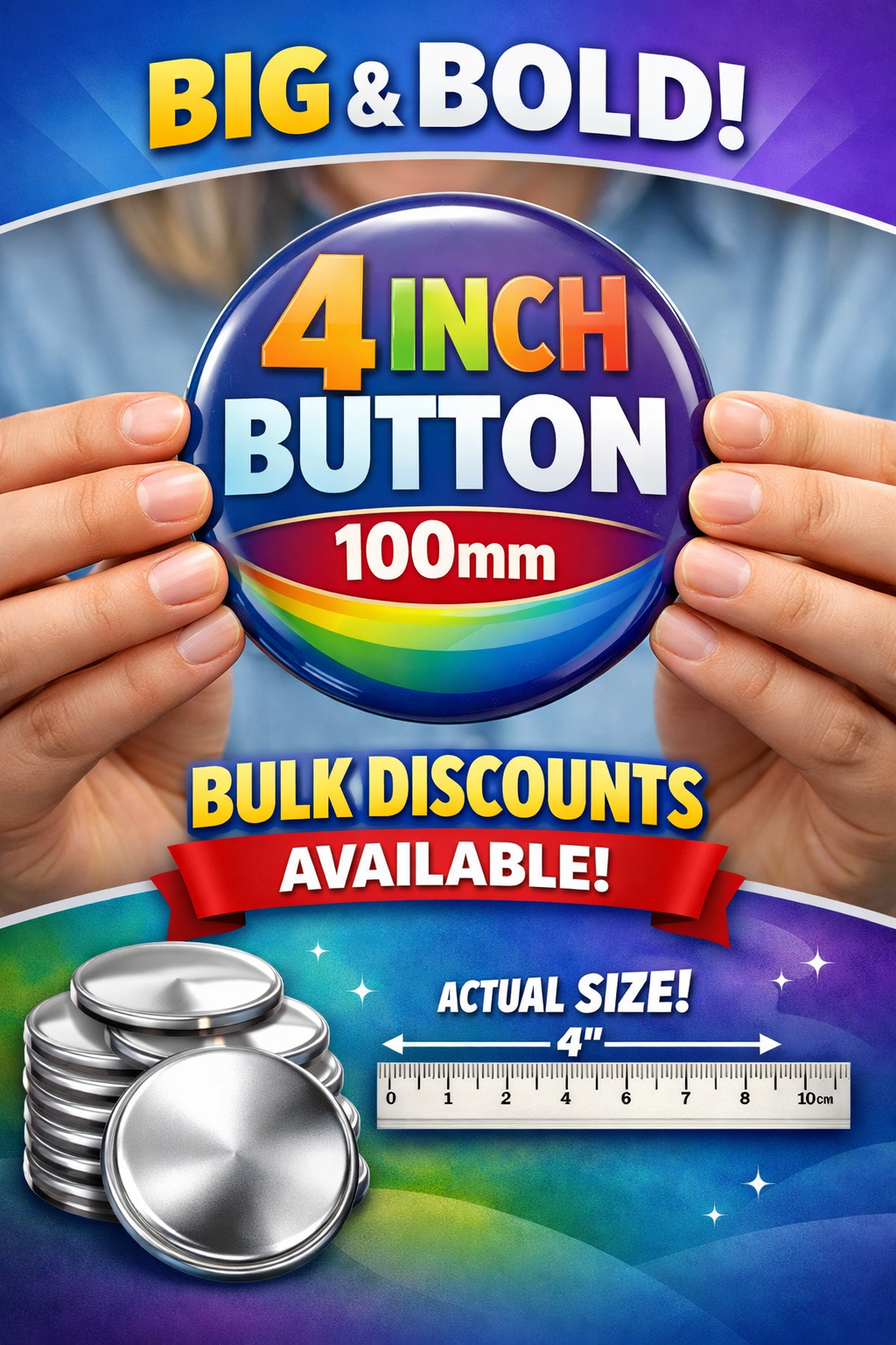 The image shows a person holding a large round button badge between both hands. The button displays the text “4 INCH BUTTON” and “100mm” over a multicolored gradient background. Above the button, the words “BIG & BOLD!” appear. Below the button, text reads “BULK DISCOUNTS AVAILABLE!” in bold lettering. A lower graphic section shows stacked silver button components and a ruler graphic labeled “ACTUAL SIZE! 4” to indicate measurement. The image presents the size and bulk purchase information for a 100mm (4-inch) pinback button badge.