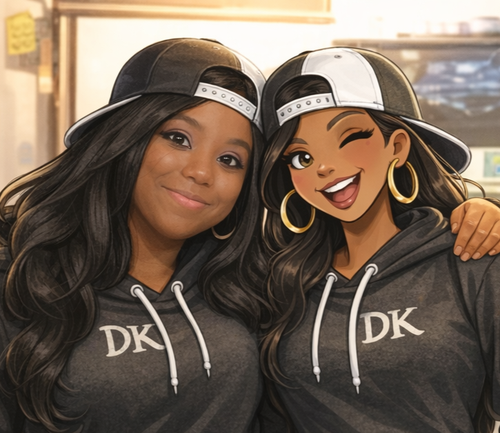 The image shows two female figures standing close together with their arms around each other. The person on the left appears to be a real individual wearing a dark hoodie with the letters “DK” printed on the front and a black-and-white baseball cap worn backward. She has long dark hair and is smiling at the camera. The figure on the right appears to be an animated or illustrated character styled to resemble the person on the left. The character is also wearing a dark hoodie with “DK” printed on the front and a black-and-white baseball cap worn backward. The illustrated character is smiling and winking. Both figures are positioned side by side in a casual, friendly pose. The background appears to be an indoor setting with soft lighting.