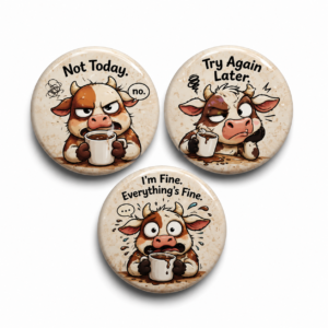 Funny Cow Mood Coffee Button Pin Set (3) – 58mm Sarcastic Cute Badge Pins Gift