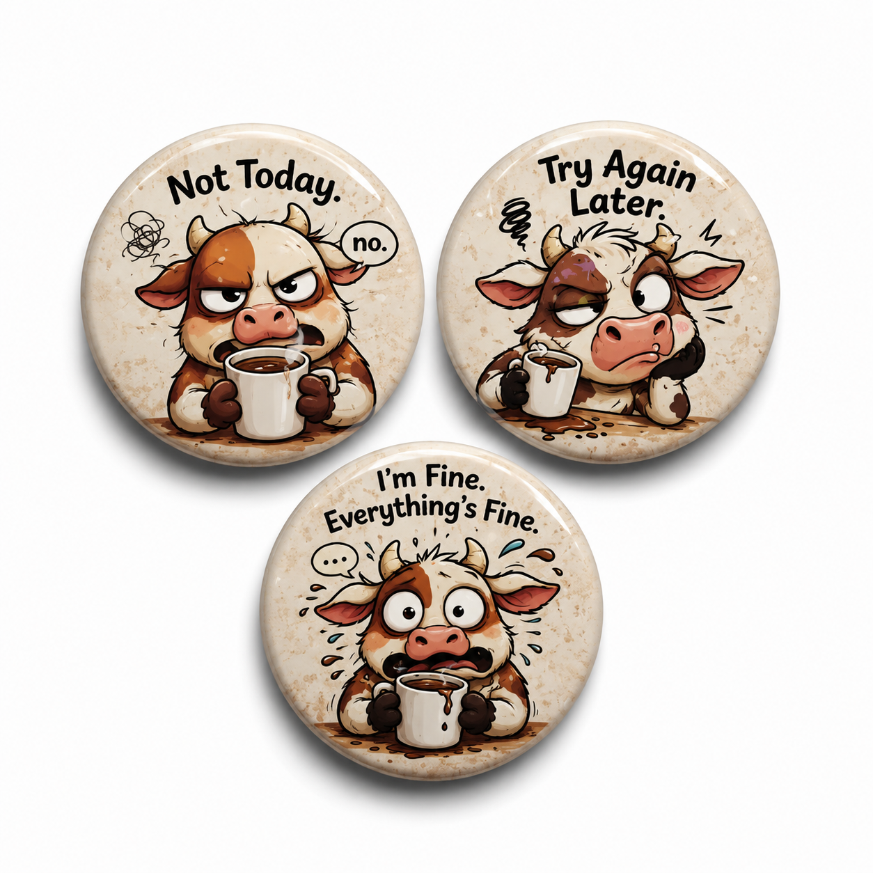 Funny Cow Mood Coffee Button Pin Set (3) – 58mm Sarcastic Cute Badge Pins Gift