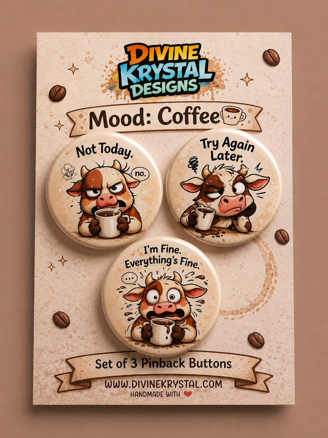 Funny Cow Mood Coffee Button Pin Set (3) – 58mm Sarcastic Cute Badge Pins Gift - Image 2