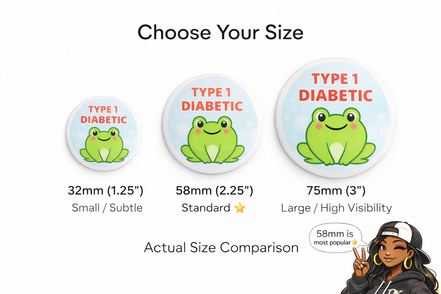 Type 1 Diabetic Alert Button Pin – Cute Frog Safety Badge ID Kids Adults - Image 2