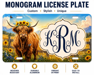 Custom Highland Cow License Plate Personalized Monogram Car Tag 6×12 Floral Cow