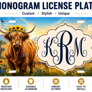 Custom Highland Cow License Plate Personalized Monogram Car Tag 6x12 Floral Cow