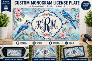 Custom Bluebird Floral License Plate Personalized Monogram Car Tag