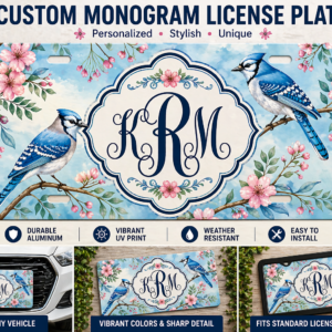 Custom Bluebird Floral License Plate Personalized Monogram Car Tag