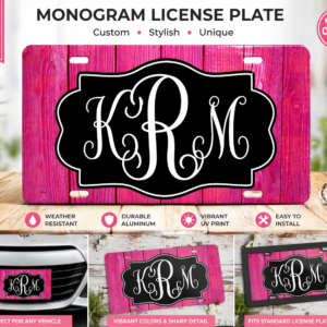 Custom Monogram License Plate Pink Wood Personalized Car Tag 6x12 Aluminum