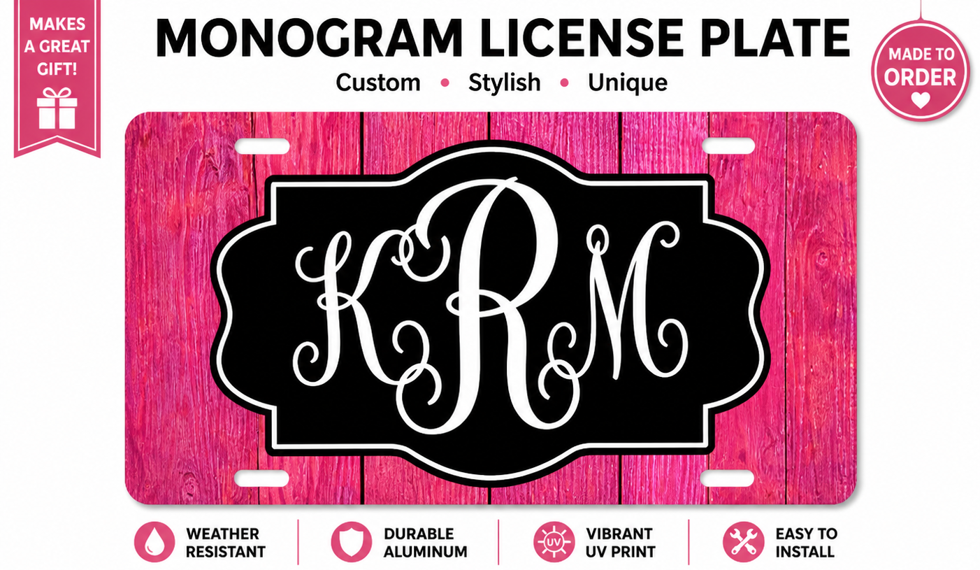 Custom Monogram License Plate Pink Wood Personalized Car Tag 6x12 Aluminum