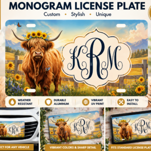 Custom Highland Cow License Plate Personalized Monogram Car Tag 6x12 Floral Cow