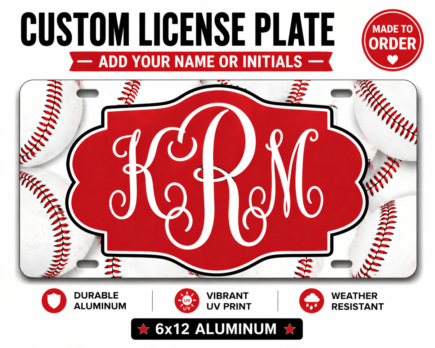 Custom Monogram License Plate Baseball Personalized Car Tag 6x12 Aluminum Sports