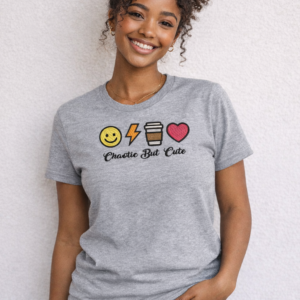 Chaotic But Cute Embroidered T-Shirt | Funny Cute Graphic Tee | Aesthetic Emoji Lightning Coffee Heart Shirt