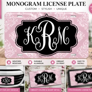 Monogram License Plate Pink Damask Personalized Car Tag 6x12 Aluminum