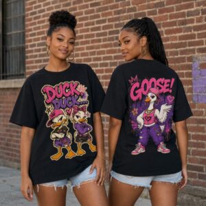 Duck Duck Goose T-Shirt Funny Front Back Graphic Tee Urban Cartoon Ducks Unisex
