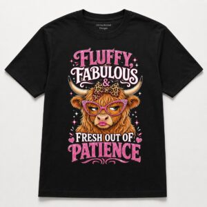 Fluffy Fabulous Fresh Out of Patience Highland Cow T-Shirt Funny Graphic Tee