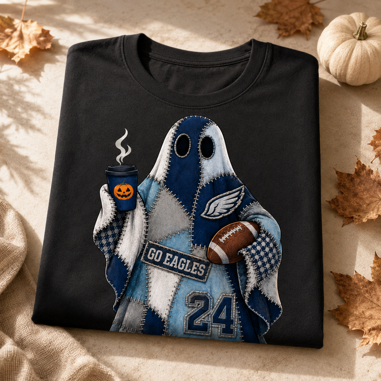 Go Eagles Patchwork Ghost Football Halloween Shirt – Black Unisex Tee - Image 2