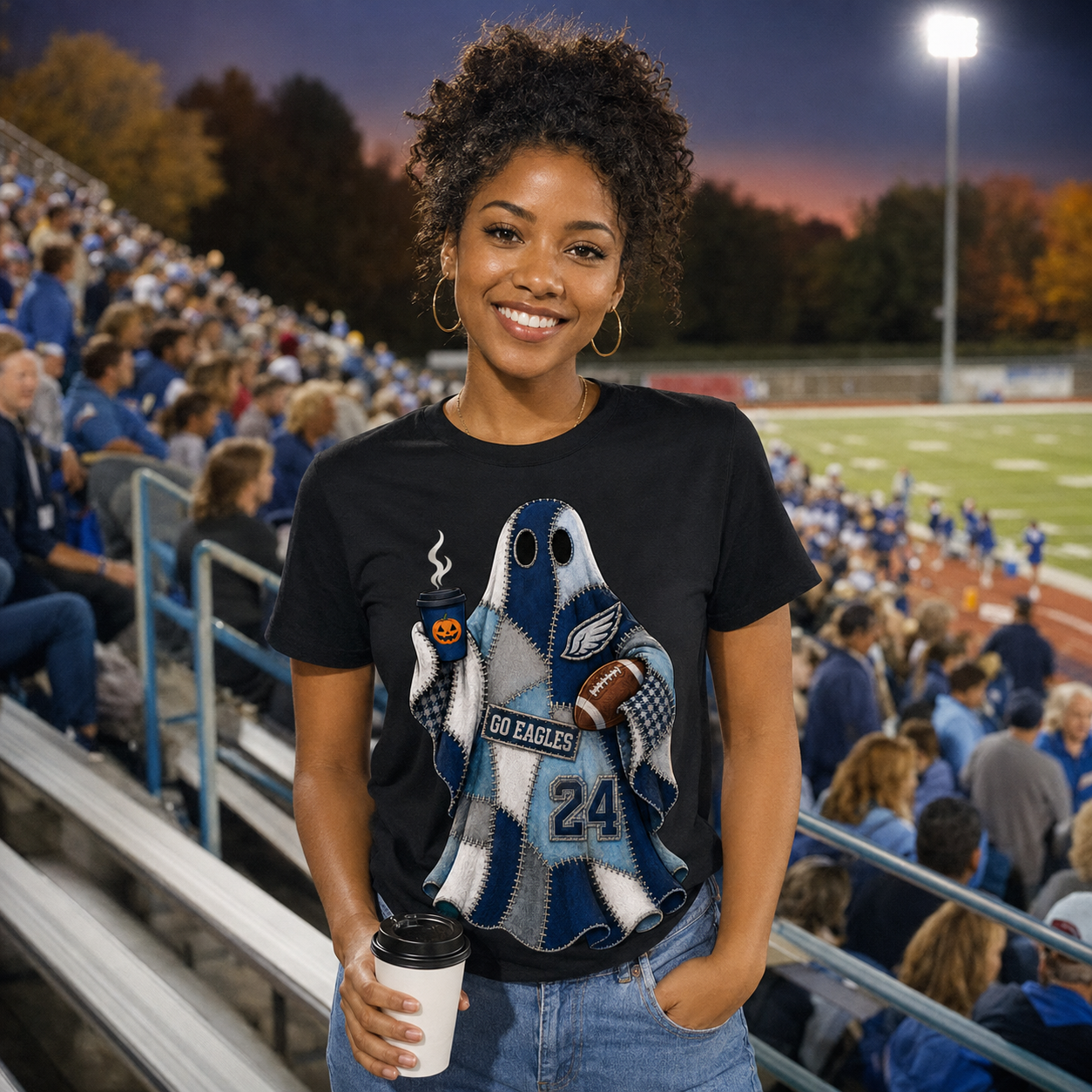 Go Eagles Patchwork Ghost Football Halloween Shirt – Black Unisex Tee