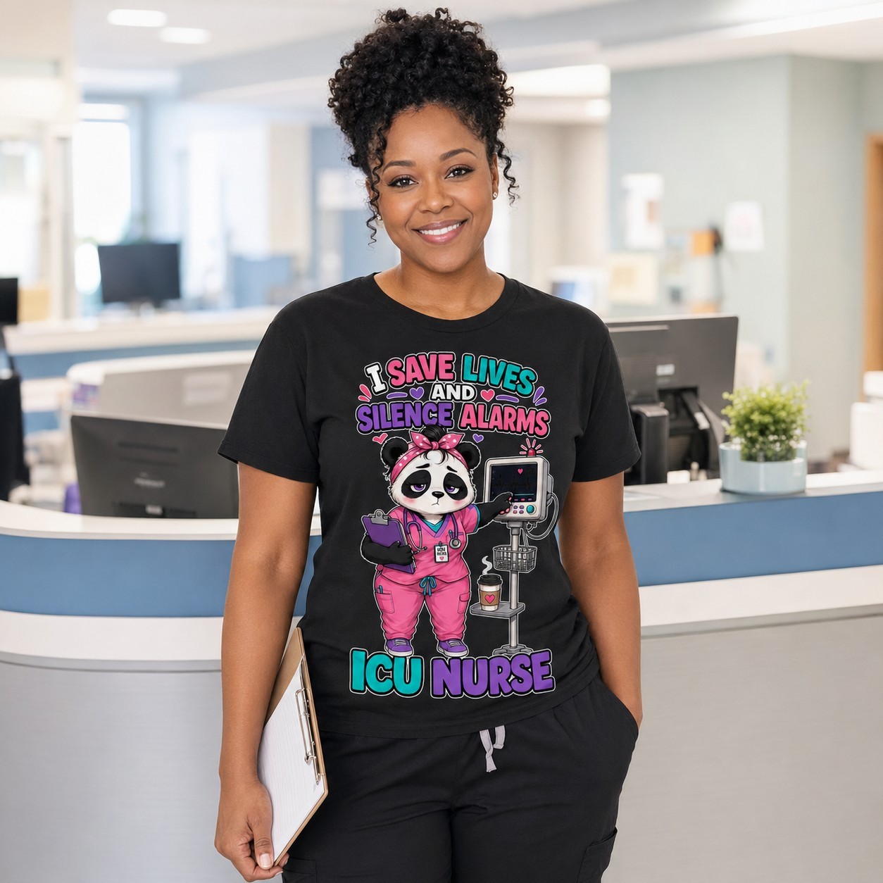 ICU Nurse T-Shirt I Save Lives Silence Alarms Funny Panda Nursing Tee - Image 2