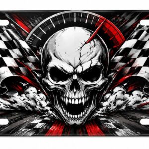 Racing Skull License Plate Checkered Flag Aluminum Car Tag 6x12 Red Black
