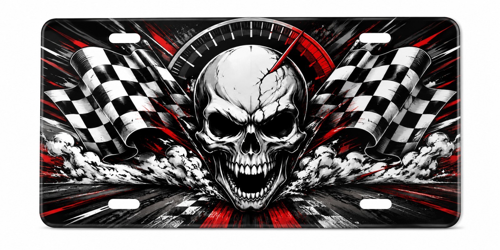 Racing Skull License Plate Checkered Flag Aluminum Car Tag 6x12 Red Black