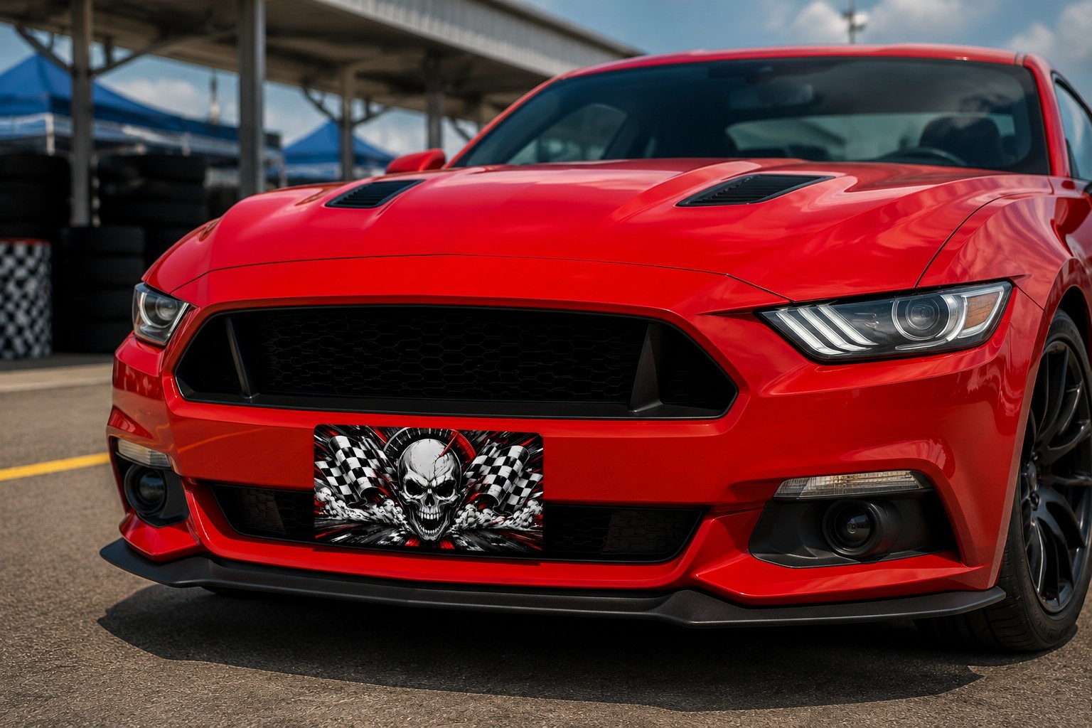 Racing Skull License Plate Checkered Flag Aluminum Car Tag 6x12 Red Black - Image 2