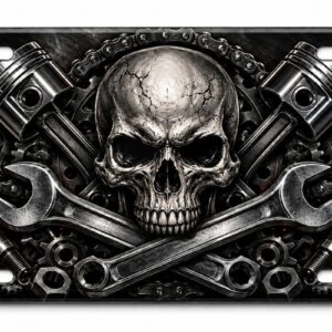Mechanic Skull License Plate Wrenches Pistons Aluminum Car Tag 6x12 Garage