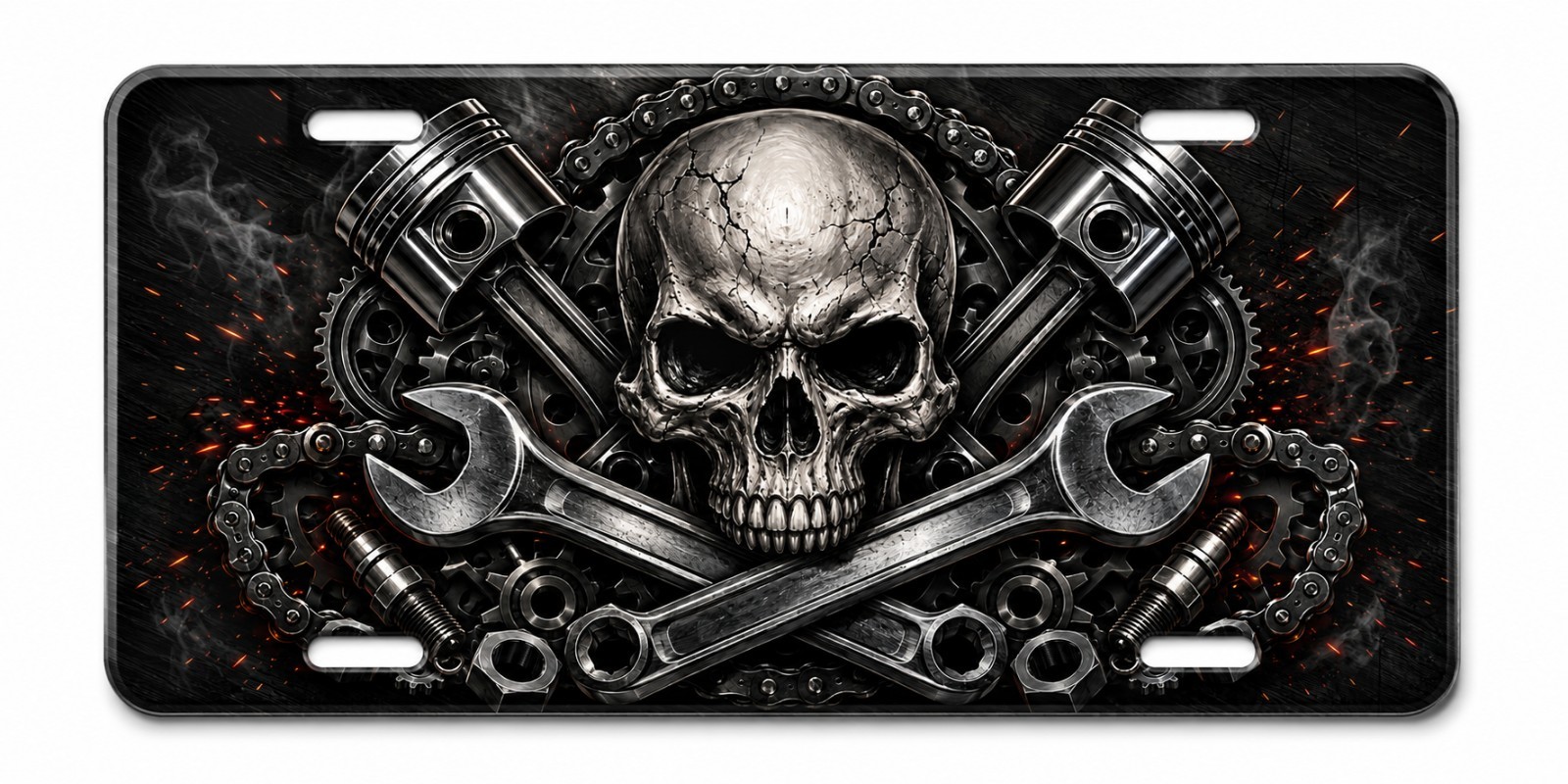 Mechanic Skull License Plate Wrenches Pistons Aluminum Car Tag 6x12 Garage