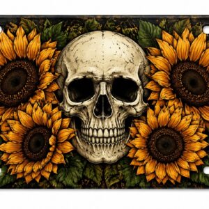 Skull Sunflower License Plate Gothic Floral Aluminum Car Tag 6x12 Black Yellow