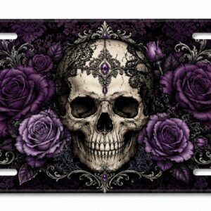Purple Skull Roses License Plate Gothic Lace Floral Aluminum Car Tag 6x12
