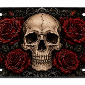 Skull and Red Roses License Plate Gothic Floral Aluminum Car Tag 6x12