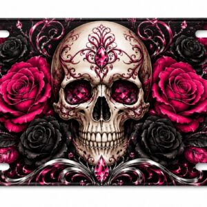 Pink Skull License Plate Gothic Roses Alluminum Car Tag Vanity Plate 6x12