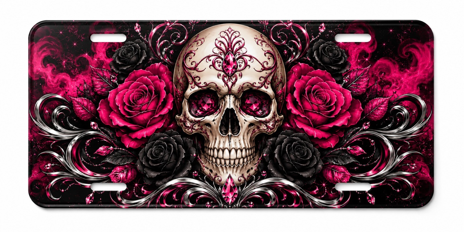Pink Skull License Plate Gothic Roses Alluminum Car Tag Vanity Plate 6x12