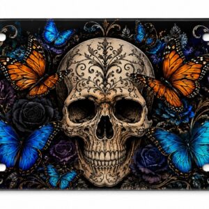 Blue Butterfly Skull License Plate Gothic Floral Aluminum Car Tag 6x12