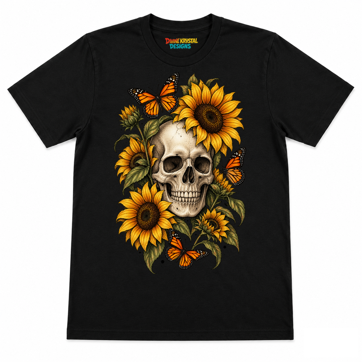 Sunflower Skull & Monarch Butterfly T-Shirt – Gothic Floral Tee