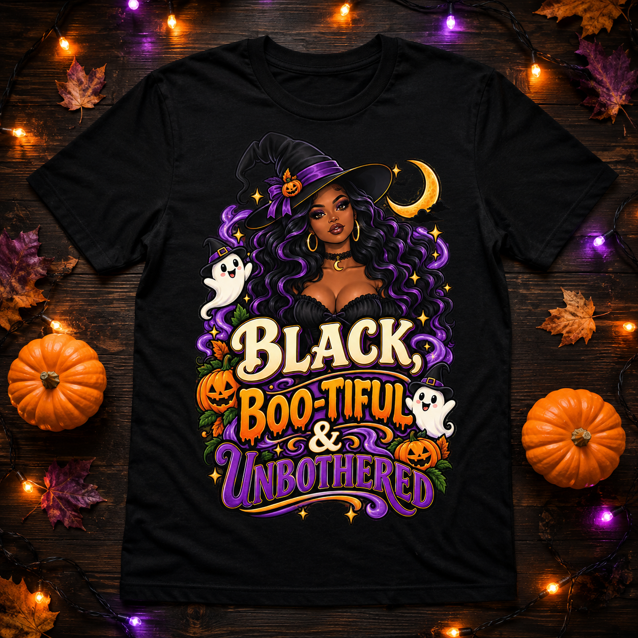 Black Boo-tiful & Unbothered Black Woman Halloween Witch T-Shirt Unisex Tee - Image 2