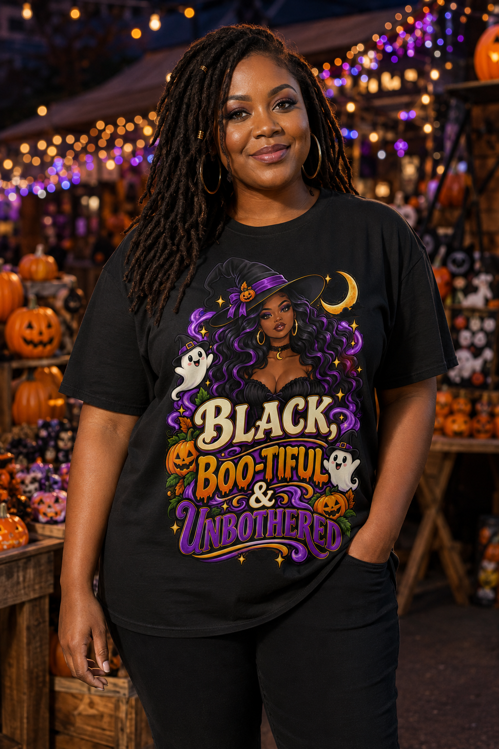 Black Boo-tiful & Unbothered Black Woman Halloween Witch T-Shirt Unisex Tee - Image 3