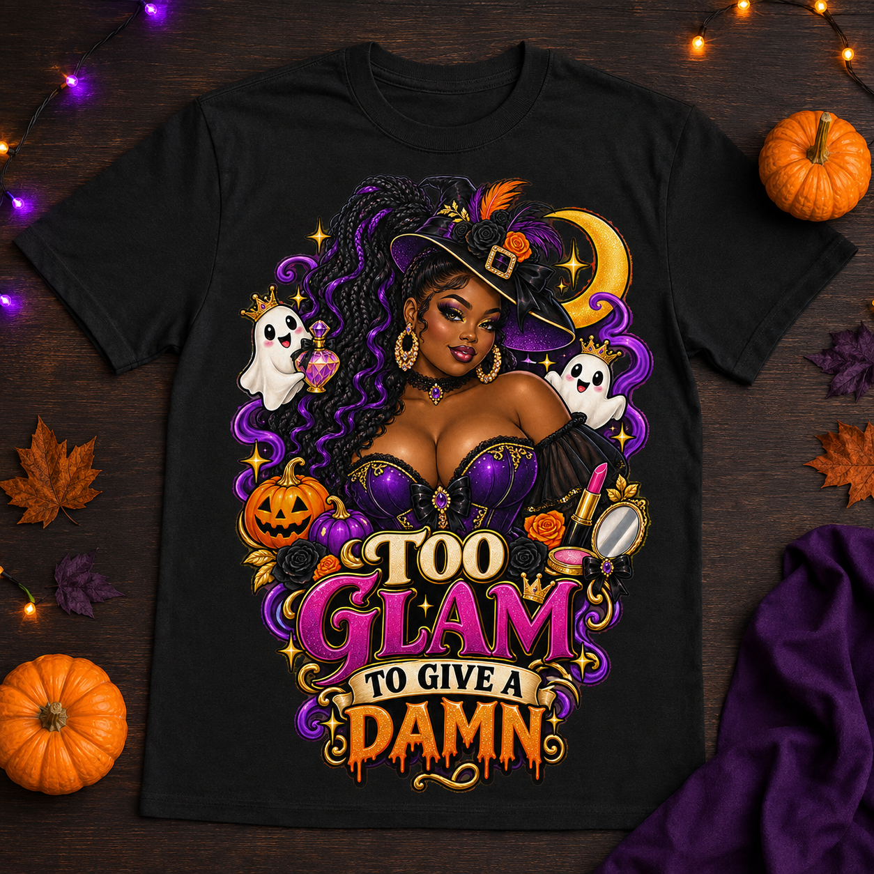 Too Glam to Give a Damn Black Woman Halloween T-Shirt Witch Graphic Tee - Image 2
