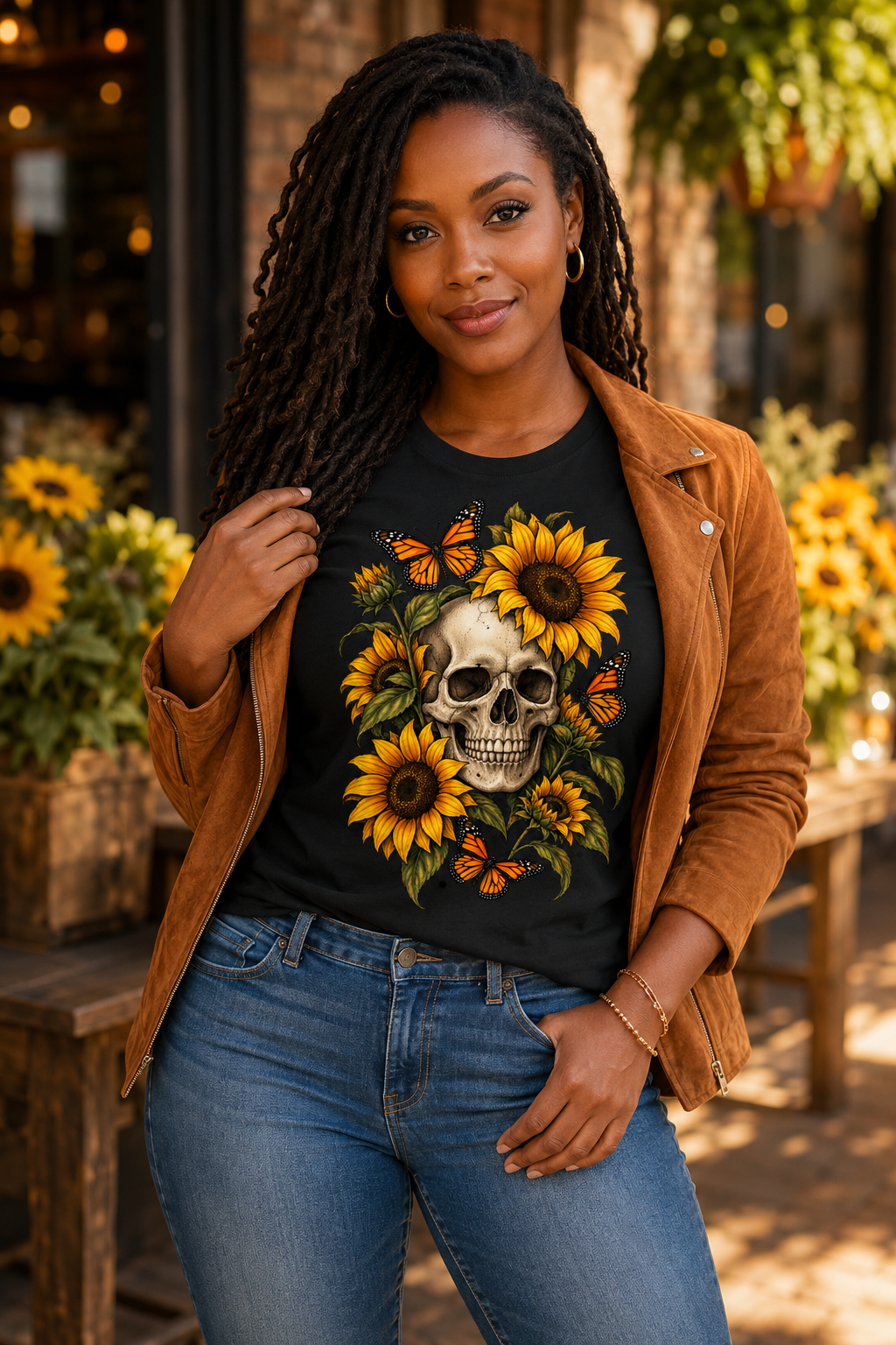 Sunflower Skull & Monarch Butterfly T-Shirt – Gothic Floral Tee - Image 2