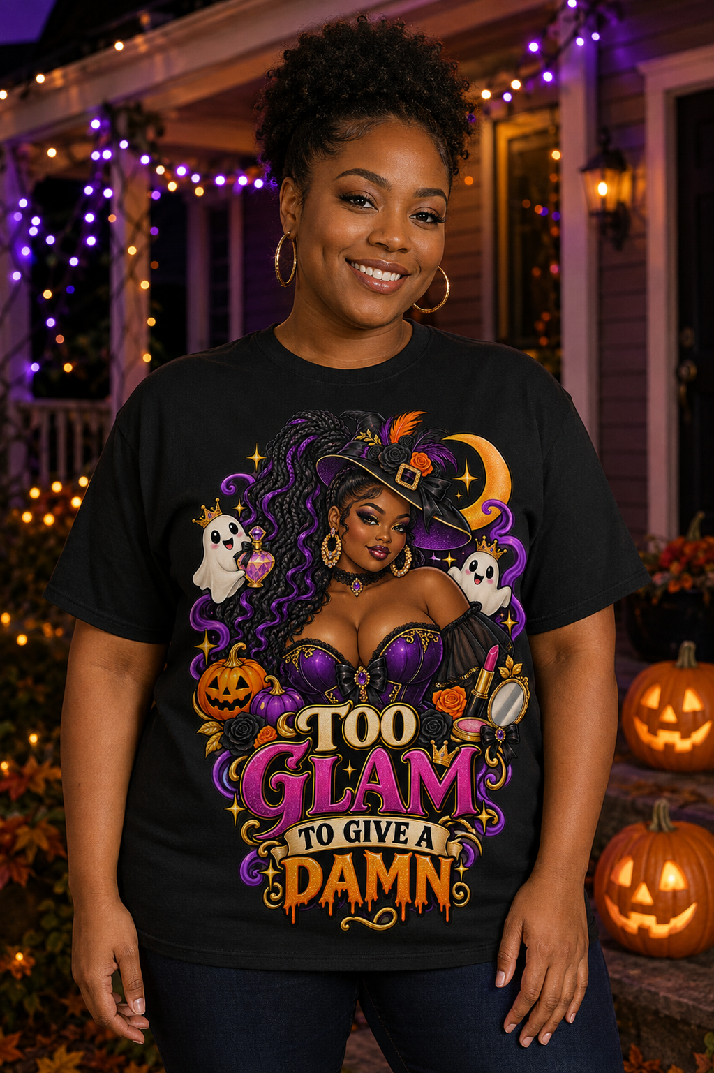 Too Glam to Give a Damn Black Woman Halloween T-Shirt Witch Graphic Tee - Image 3