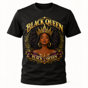 Shop our Black Queen T-shirt featuring a beautiful crowned Black woman in rich purple and gold. A bold graphic tee celebrating beauty, confidence and royalty.