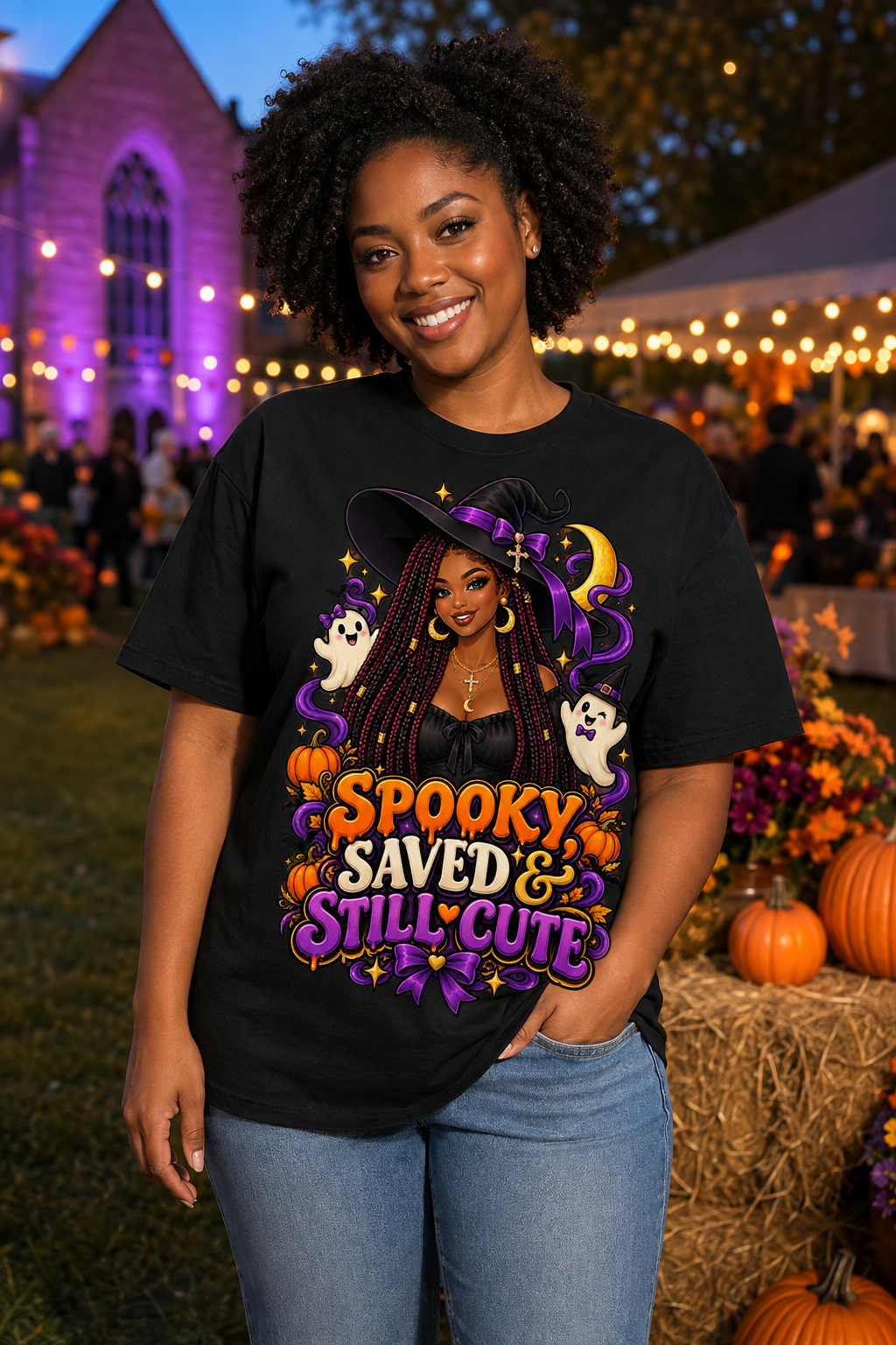 Spooky Saved & Still Cute Black Woman Christian Halloween T-Shirt Unisex Tee - Image 3