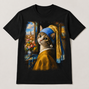 Cat With a Pearl Earring T-Shirt Vintage Floral Art Funny Graphic Tee