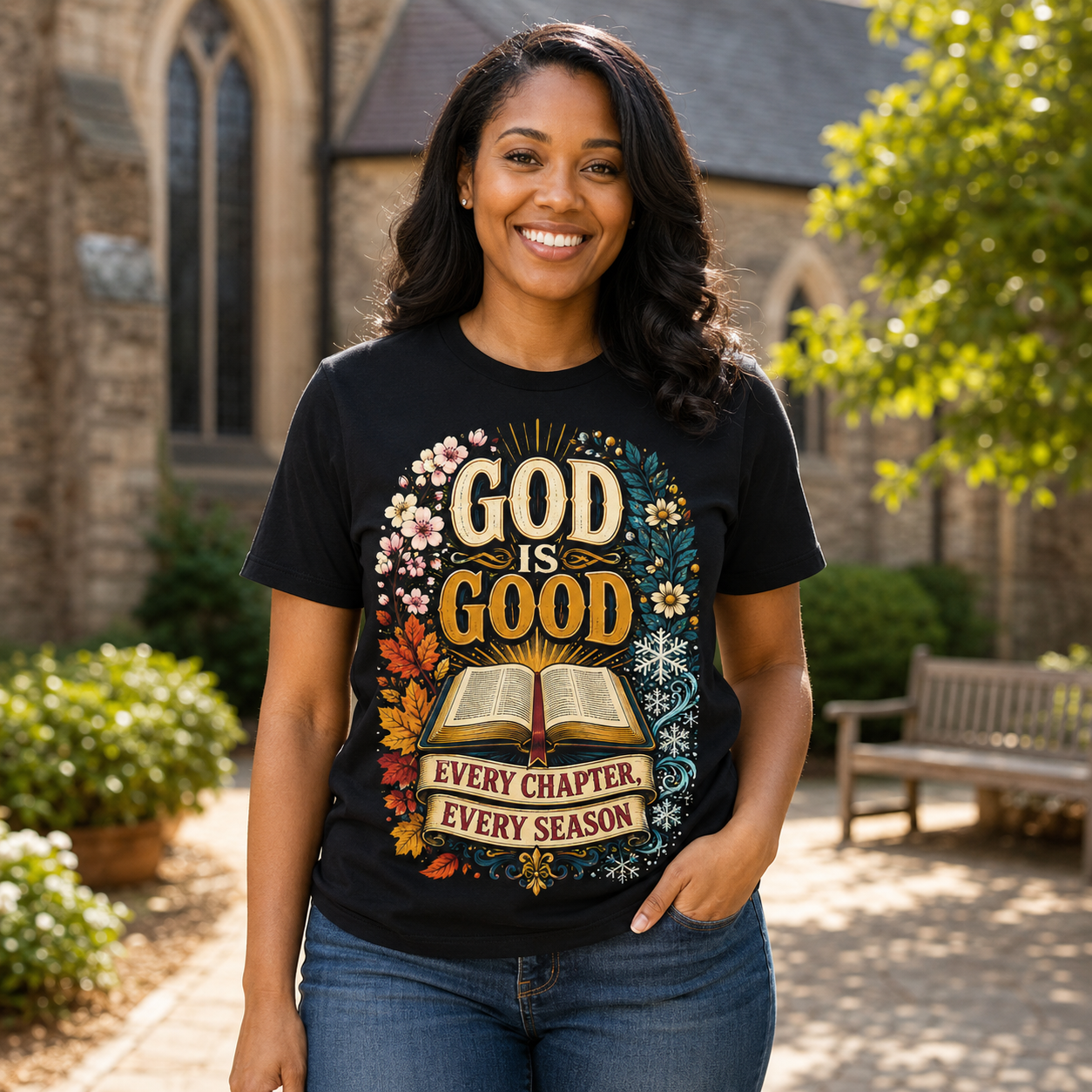 God Is Good Every Chapter Every Season Christian Graphic T-Shirt - Image 2